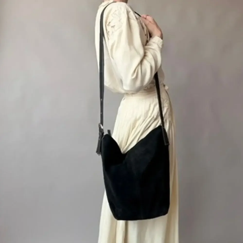 Vintage Faded Glory Genuine Suede Bucket Bag - Black